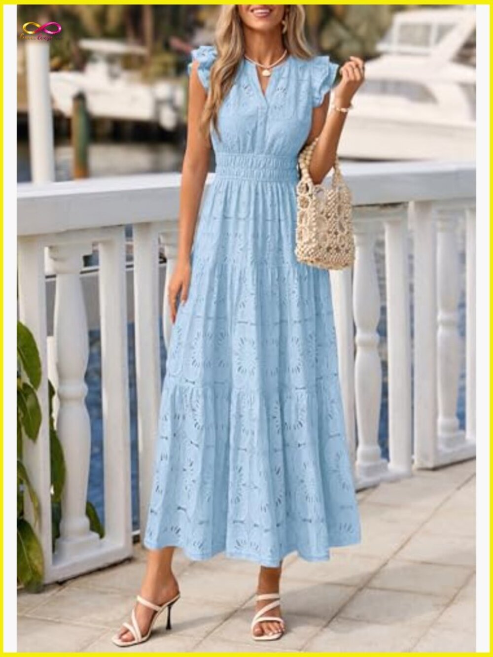 Boho Maxi Dress V Neck Eyelet Lace Tiered Flowy Wedding Guest Summer - Picture 3 of 7